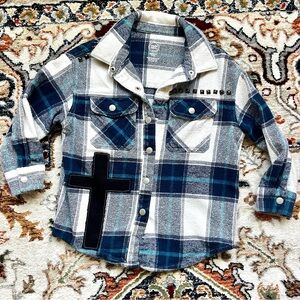 Upcycled Girls Plaid Flannel Cross & Studded Over Shirt Handmade Size XS 4/5